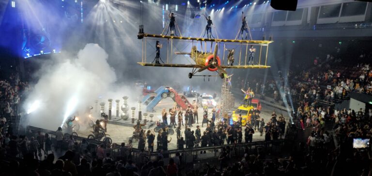 A final bow for the performers of ‘Elekron,’ a vehicle stunt show in Macau